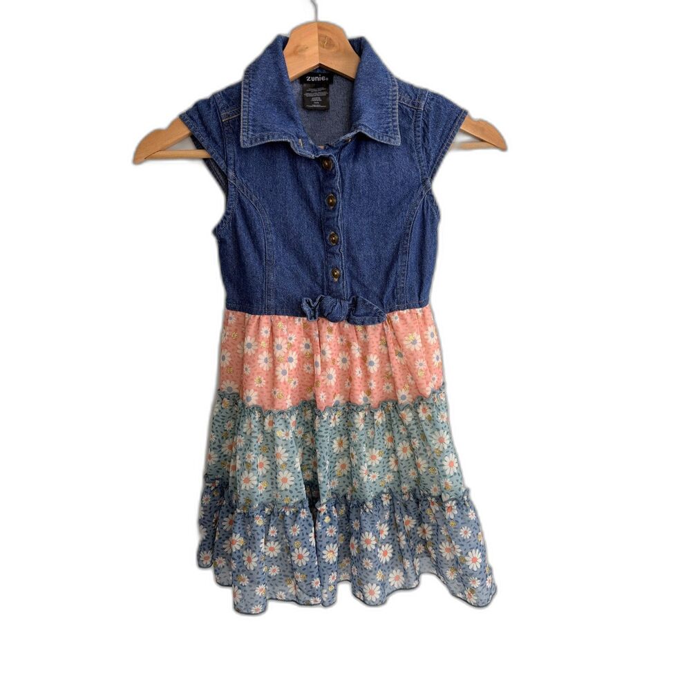 Zunie Girls XS 5/6 Denim Floral Tiered Dress Daisy Western Country Cottage